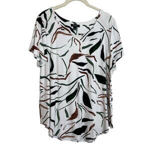 Alfani Womens Knit Top 1X White Green Brown Abstract Print Scoop Neck